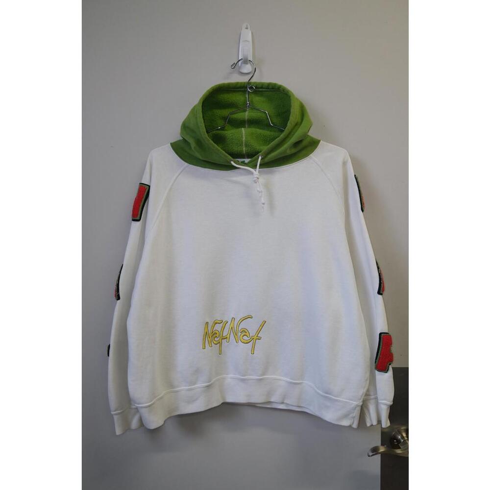 90's Naf Naf Cropped Patched Spell Out Sleeve Hoodie